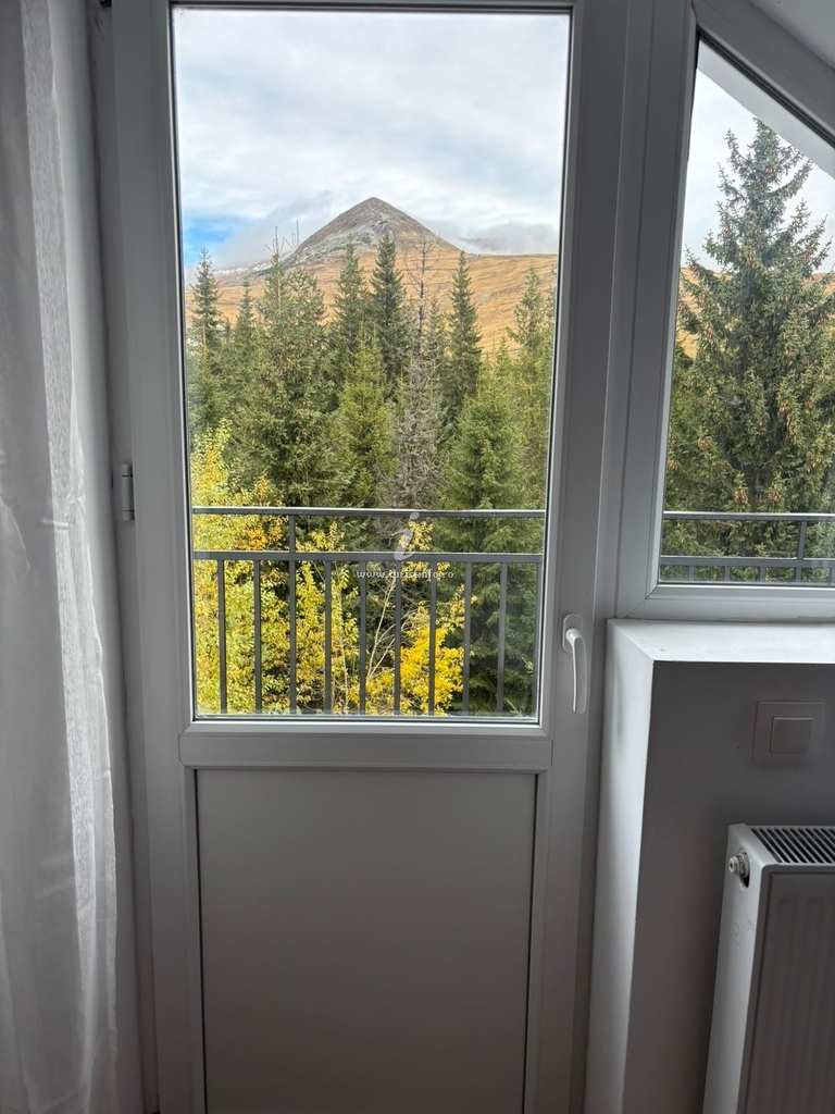 Ușă de balcon deschisă spre brazi și vârful muntelui