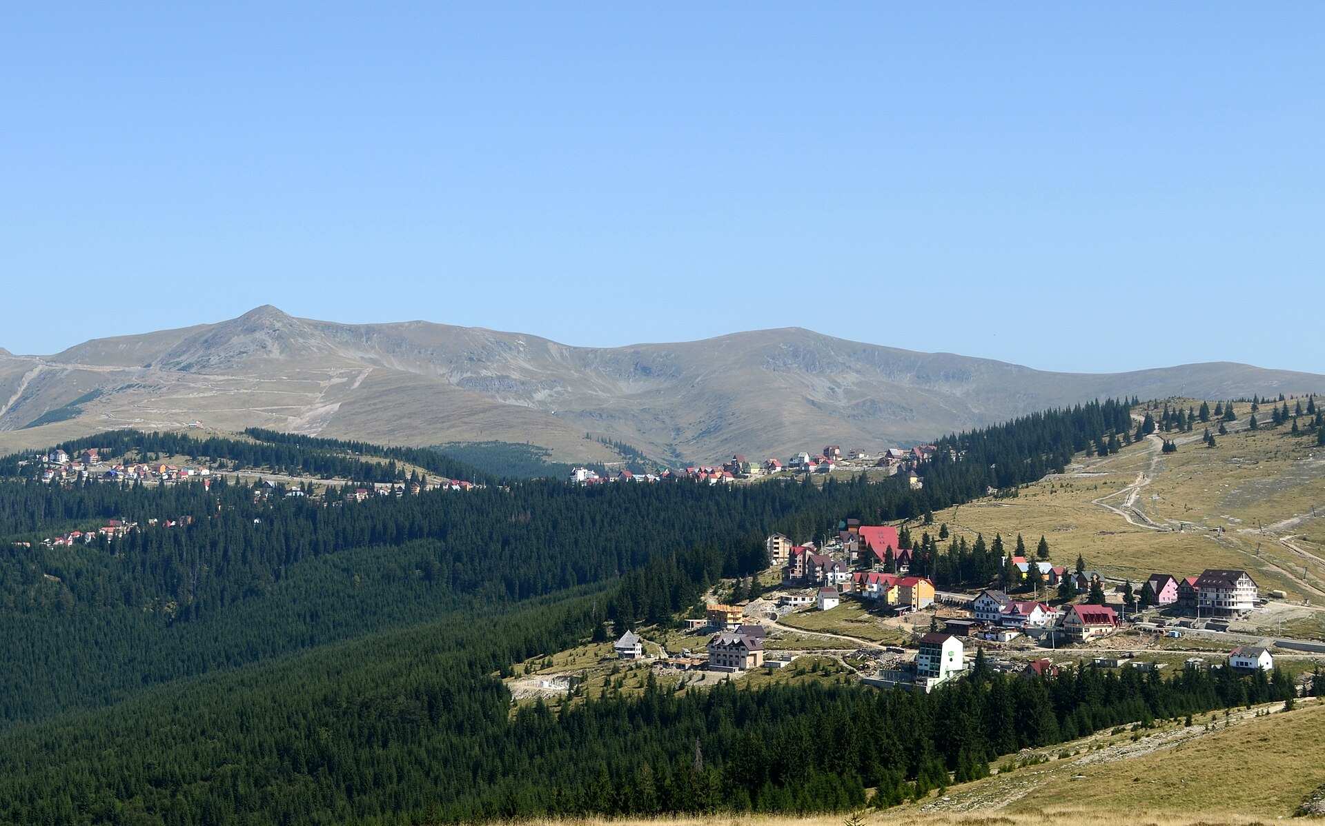 Stațiunea Rânca văzută de sus, cu pădurea de brazi și munții Parâng în fundal